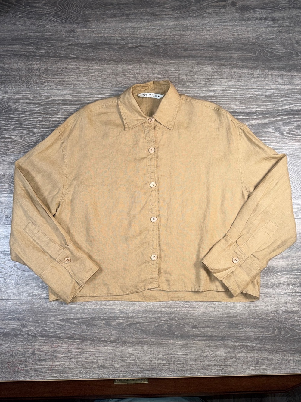 Zara XS Sandstone Linen Button-Down Crop Top Shirt
